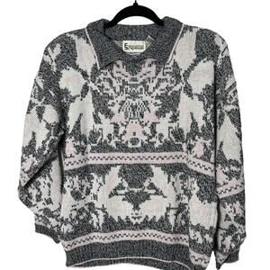 Vintage Forshim Women’s White Black Pink Sweater Button @ Neck Long Sleeve Small